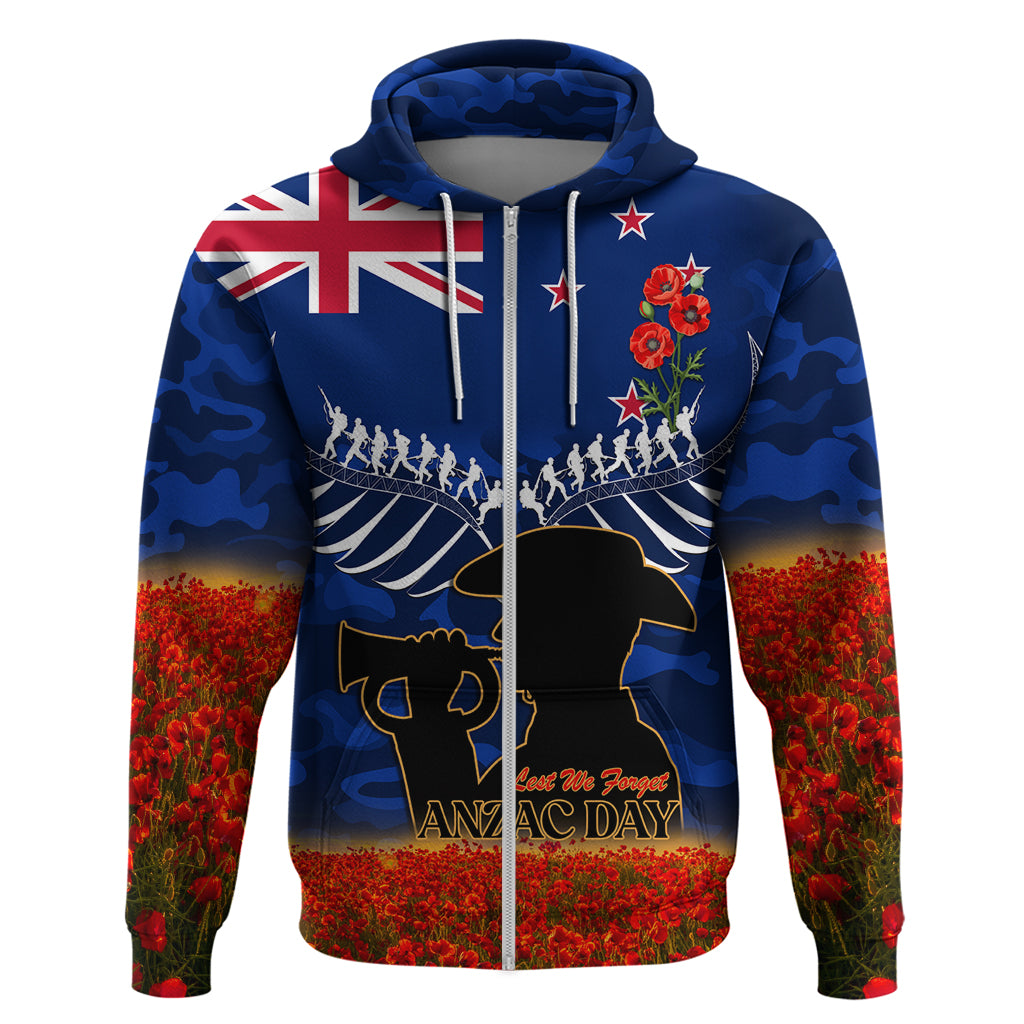 New Zealand ANZAC Day Zip Hoodie 25 April Last Post Camouflage With Poppies