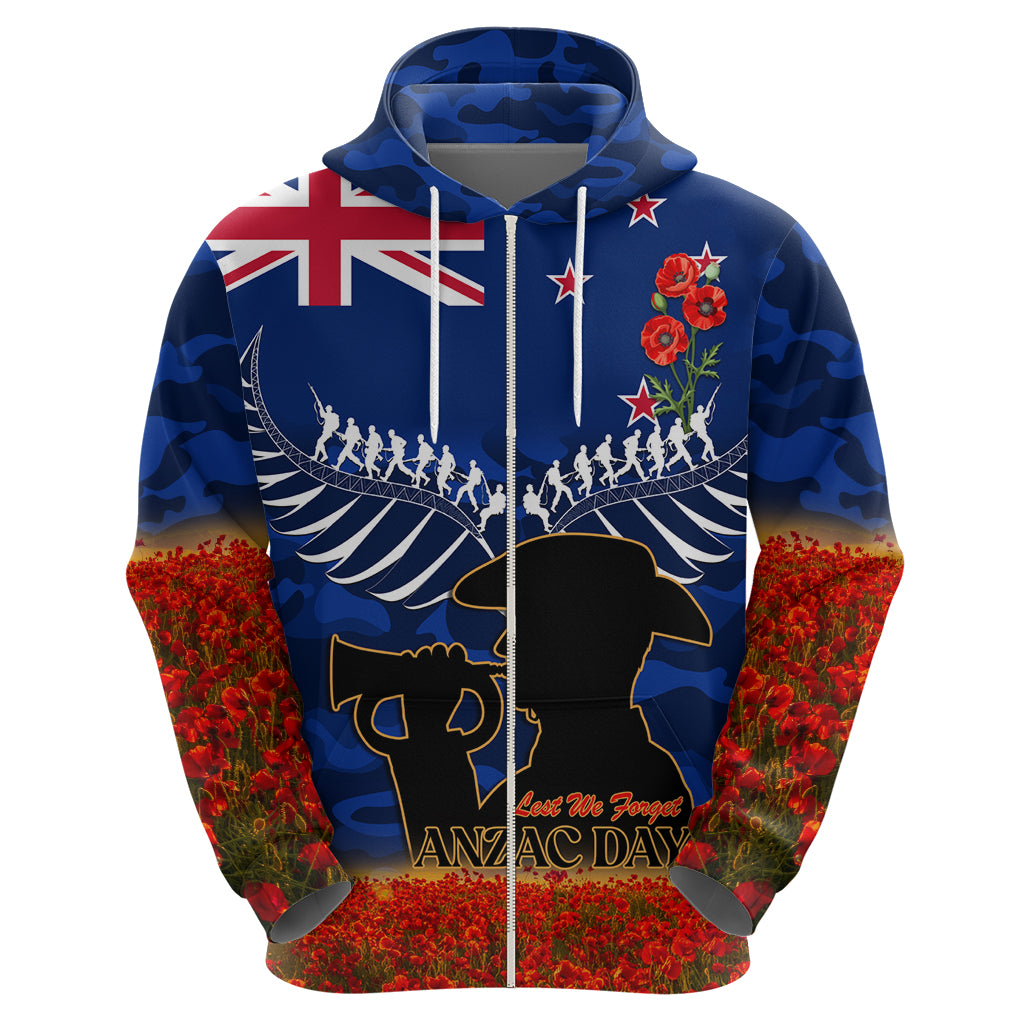 New Zealand ANZAC Day Zip Hoodie 25 April Last Post Camouflage With Poppies