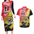 Personalised Richmond And St Kilda Football Couples Matching Long Sleeve Bodycon Dress and Hawaiian Shirt Tigers Saints Together Aboriginal Art