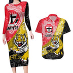 Personalised Richmond And St Kilda Football Couples Matching Long Sleeve Bodycon Dress and Hawaiian Shirt Tigers Saints Together Aboriginal Art
