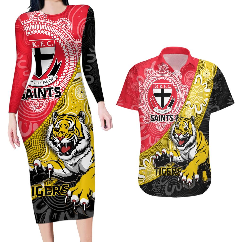 Personalised Richmond And St Kilda Football Couples Matching Long Sleeve Bodycon Dress and Hawaiian Shirt Tigers Saints Together Aboriginal Art