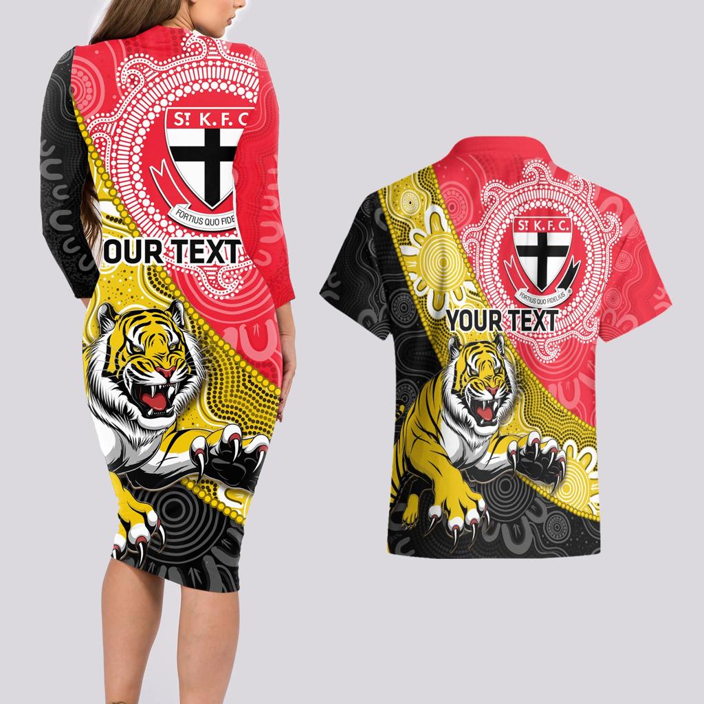 Personalised Richmond And St Kilda Football Couples Matching Long Sleeve Bodycon Dress and Hawaiian Shirt Tigers Saints Together Aboriginal Art