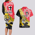 Personalised Richmond And St Kilda Football Couples Matching Long Sleeve Bodycon Dress and Hawaiian Shirt Tigers Saints Together Aboriginal Art