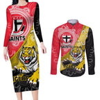 Personalised Richmond And St Kilda Football Couples Matching Long Sleeve Bodycon Dress and Long Sleeve Button Shirt Tigers Saints Together Aboriginal Art
