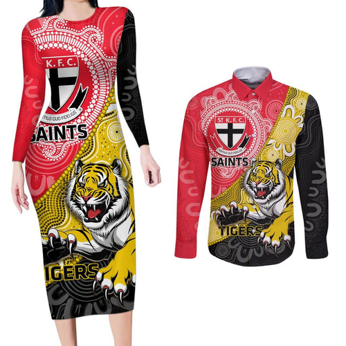 Personalised Richmond And St Kilda Football Couples Matching Long Sleeve Bodycon Dress and Long Sleeve Button Shirt Tigers Saints Together Aboriginal Art