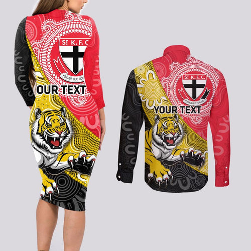 Personalised Richmond And St Kilda Football Couples Matching Long Sleeve Bodycon Dress and Long Sleeve Button Shirt Tigers Saints Together Aboriginal Art
