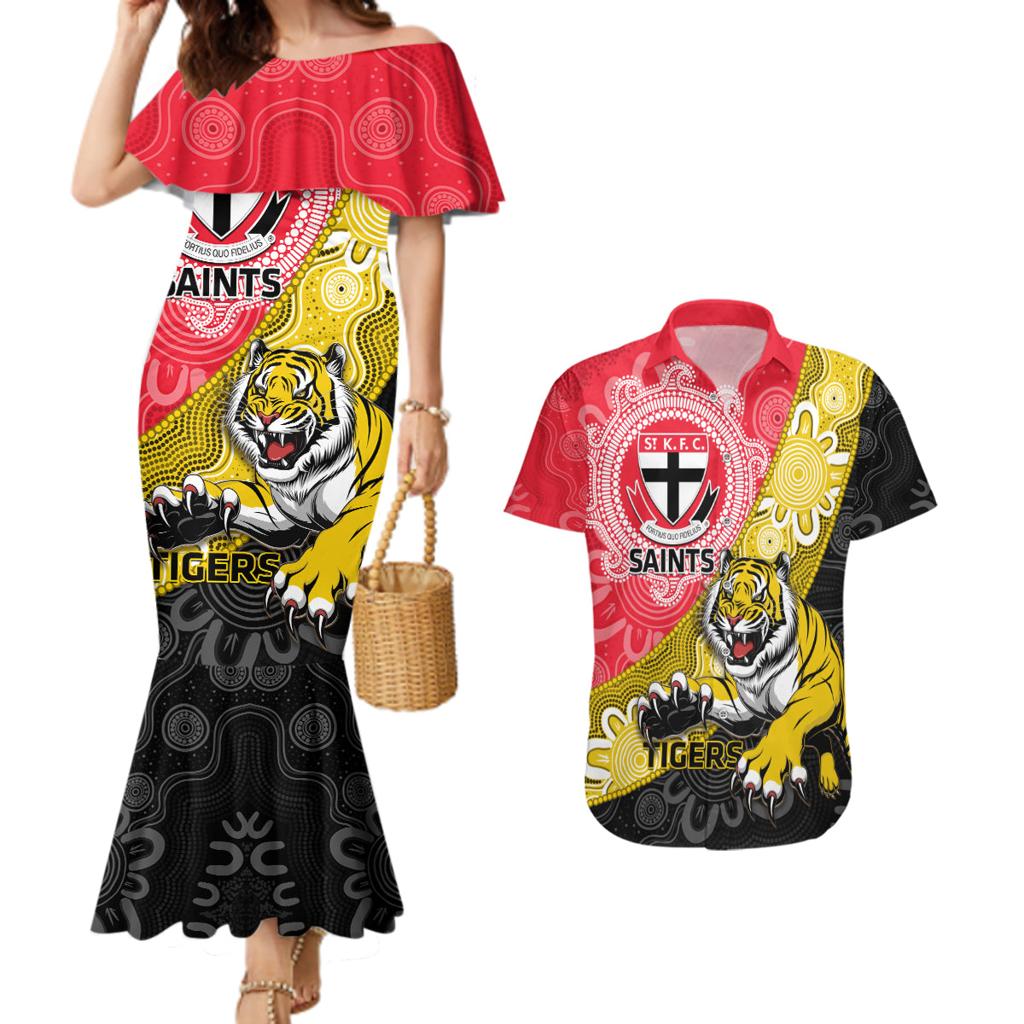 Personalised Richmond And St Kilda Football Couples Matching Mermaid Dress and Hawaiian Shirt Tigers Saints Together Aboriginal Art