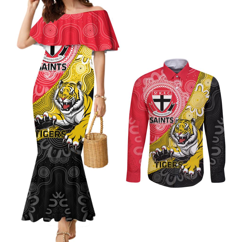 Personalised Richmond And St Kilda Football Couples Matching Mermaid Dress and Long Sleeve Button Shirt Tigers Saints Together Aboriginal Art