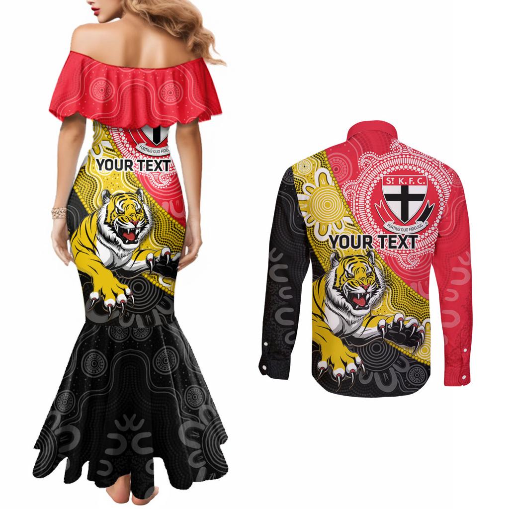 Personalised Richmond And St Kilda Football Couples Matching Mermaid Dress and Long Sleeve Button Shirt Tigers Saints Together Aboriginal Art
