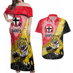 Personalised Richmond And St Kilda Football Couples Matching Off Shoulder Maxi Dress and Hawaiian Shirt Tigers Saints Together Aboriginal Art