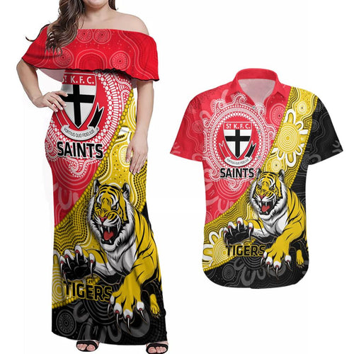 Personalised Richmond And St Kilda Football Couples Matching Off Shoulder Maxi Dress and Hawaiian Shirt Tigers Saints Together Aboriginal Art