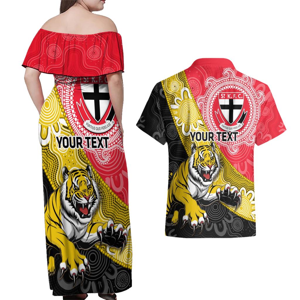 Personalised Richmond And St Kilda Football Couples Matching Off Shoulder Maxi Dress and Hawaiian Shirt Tigers Saints Together Aboriginal Art