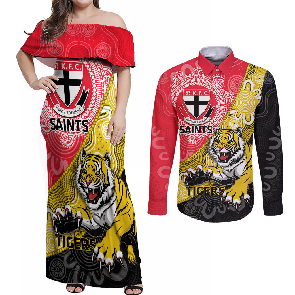 Personalised Richmond And St Kilda Football Couples Matching Off Shoulder Maxi Dress and Long Sleeve Button Shirt Tigers Saints Together Aboriginal Art