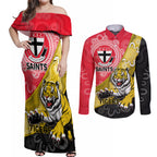 Personalised Richmond And St Kilda Football Couples Matching Off Shoulder Maxi Dress and Long Sleeve Button Shirt Tigers Saints Together Aboriginal Art