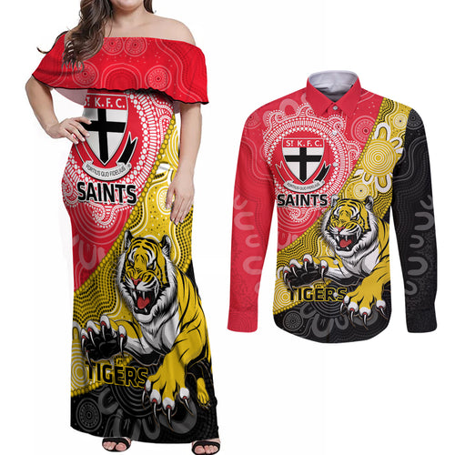 Personalised Richmond And St Kilda Football Couples Matching Off Shoulder Maxi Dress and Long Sleeve Button Shirt Tigers Saints Together Aboriginal Art