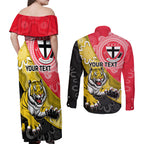 Personalised Richmond And St Kilda Football Couples Matching Off Shoulder Maxi Dress and Long Sleeve Button Shirt Tigers Saints Together Aboriginal Art