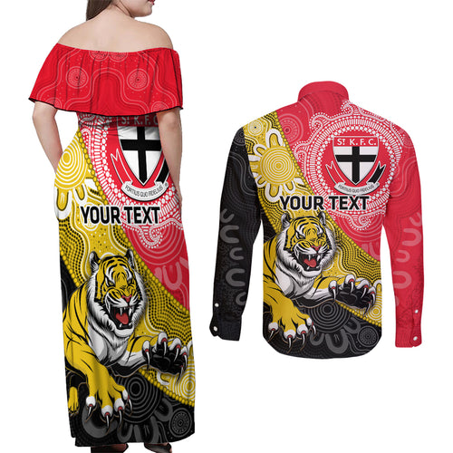 Personalised Richmond And St Kilda Football Couples Matching Off Shoulder Maxi Dress and Long Sleeve Button Shirt Tigers Saints Together Aboriginal Art