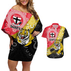 Personalised Richmond And St Kilda Football Couples Matching Off Shoulder Short Dress and Hawaiian Shirt Tigers Saints Together Aboriginal Art