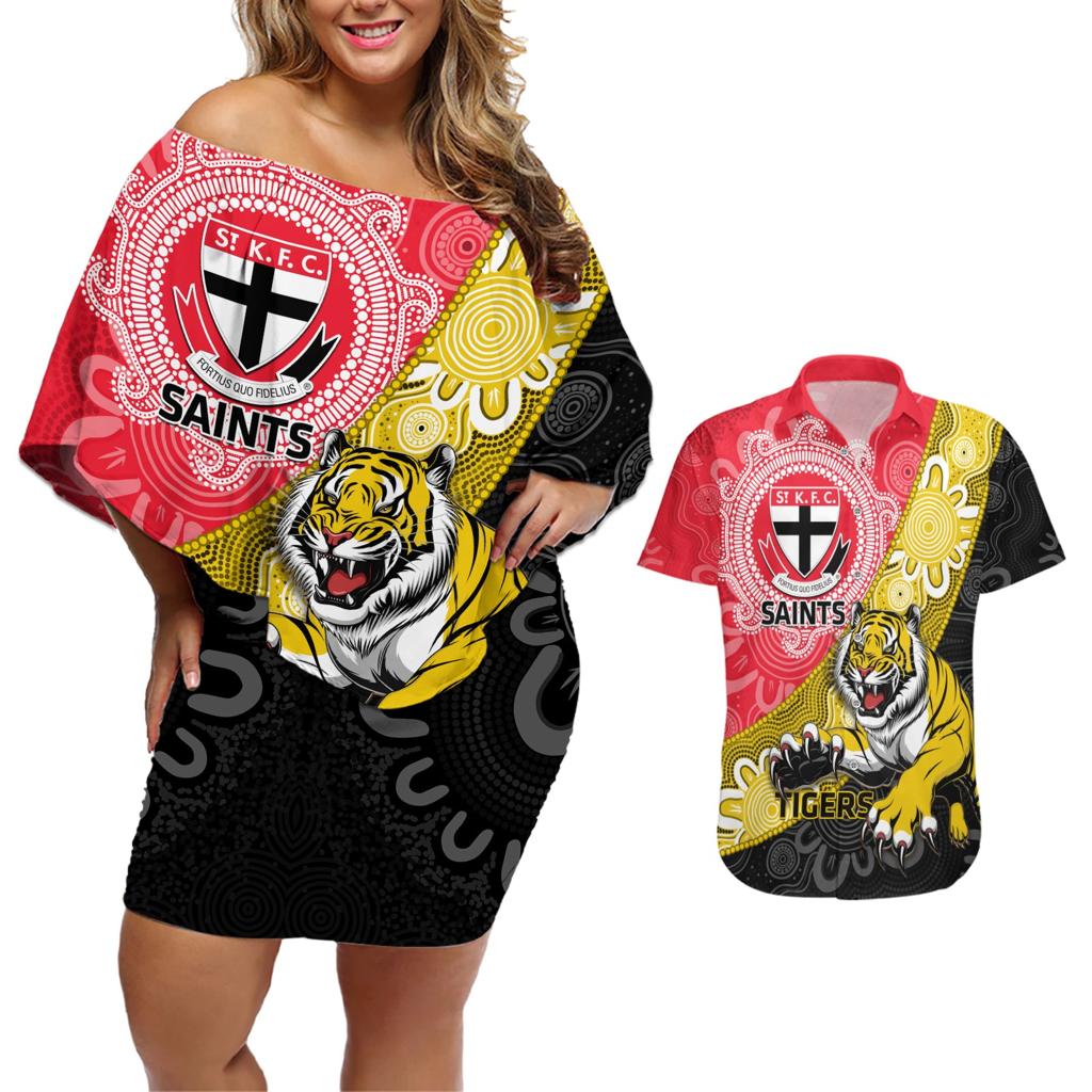 Personalised Richmond And St Kilda Football Couples Matching Off Shoulder Short Dress and Hawaiian Shirt Tigers Saints Together Aboriginal Art