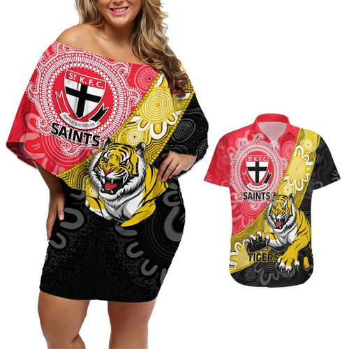 Personalised Richmond And St Kilda Football Couples Matching Off Shoulder Short Dress and Hawaiian Shirt Tigers Saints Together Aboriginal Art