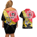 Personalised Richmond And St Kilda Football Couples Matching Off Shoulder Short Dress and Hawaiian Shirt Tigers Saints Together Aboriginal Art