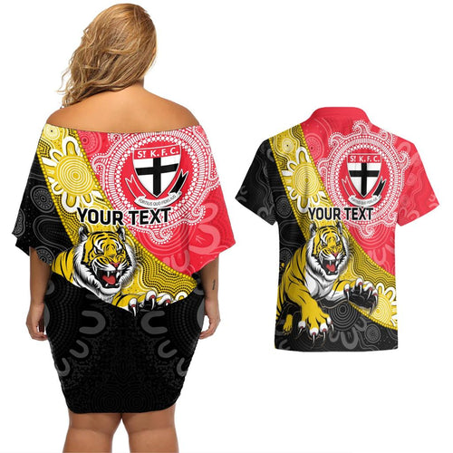 Personalised Richmond And St Kilda Football Couples Matching Off Shoulder Short Dress and Hawaiian Shirt Tigers Saints Together Aboriginal Art