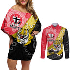 Personalised Richmond And St Kilda Football Couples Matching Off Shoulder Short Dress and Long Sleeve Button Shirt Tigers Saints Together Aboriginal Art