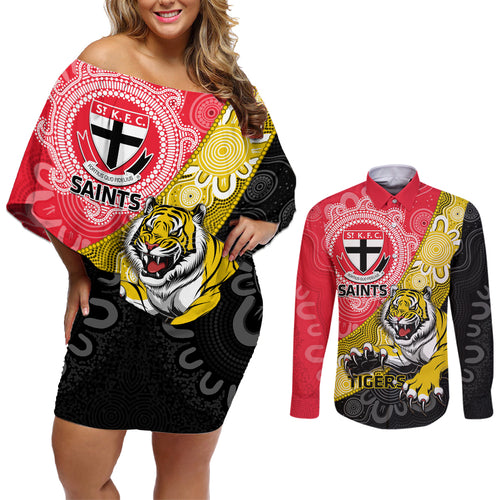 Personalised Richmond And St Kilda Football Couples Matching Off Shoulder Short Dress and Long Sleeve Button Shirt Tigers Saints Together Aboriginal Art