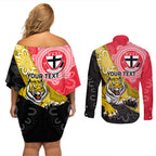 Personalised Richmond And St Kilda Football Couples Matching Off Shoulder Short Dress and Long Sleeve Button Shirt Tigers Saints Together Aboriginal Art