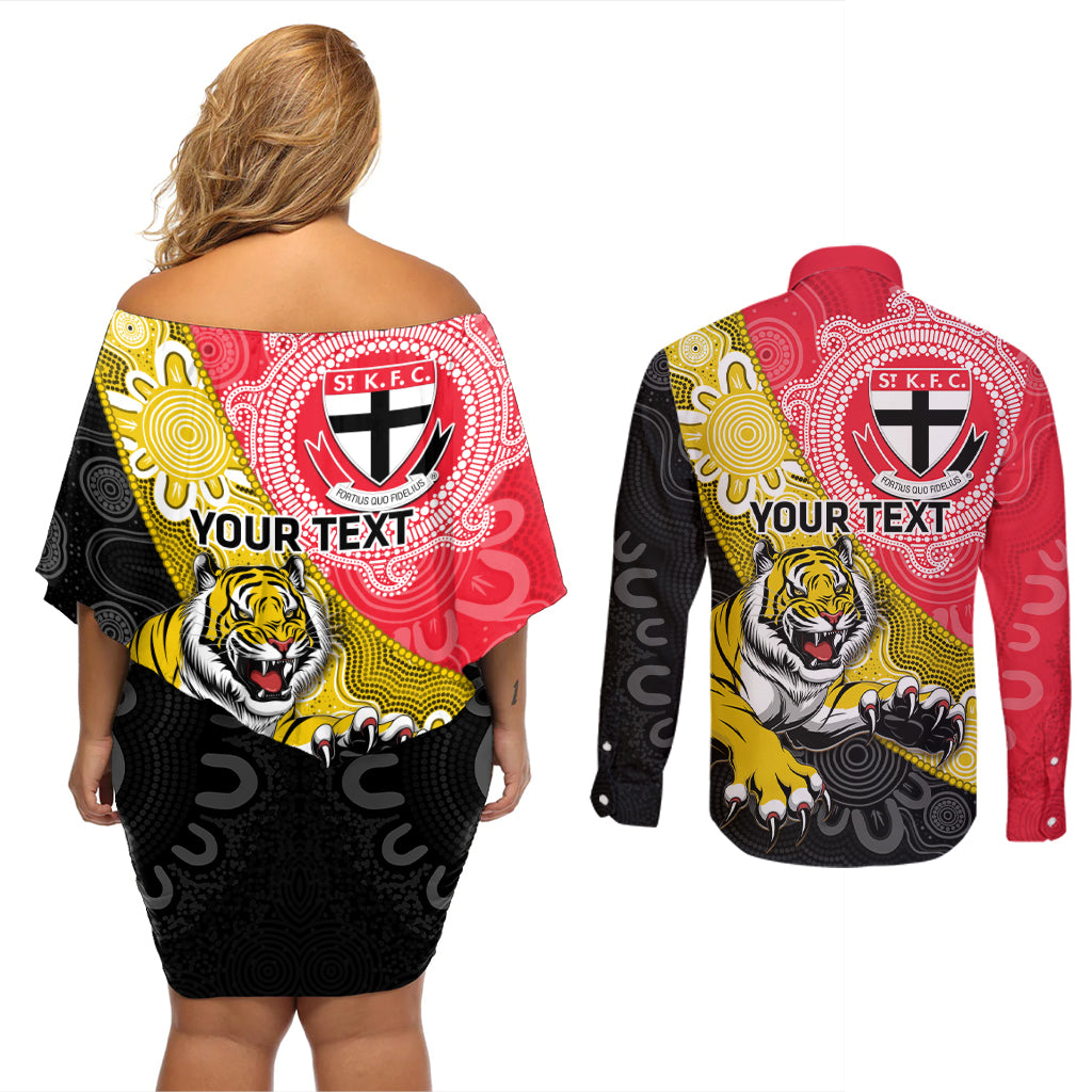 Personalised Richmond And St Kilda Football Couples Matching Off Shoulder Short Dress and Long Sleeve Button Shirt Tigers Saints Together Aboriginal Art