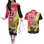Personalised Richmond And St Kilda Football Couples Matching Off The Shoulder Long Sleeve Dress and Hawaiian Shirt Tigers Saints Together Aboriginal Art