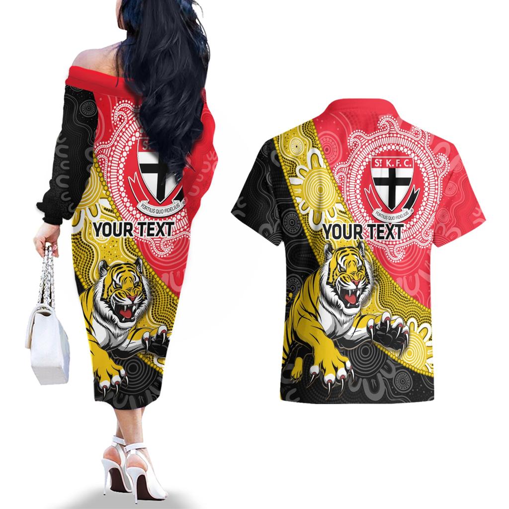 Personalised Richmond And St Kilda Football Couples Matching Off The Shoulder Long Sleeve Dress and Hawaiian Shirt Tigers Saints Together Aboriginal Art