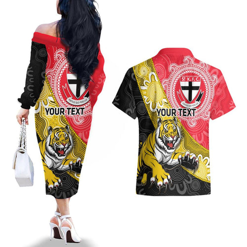 Personalised Richmond And St Kilda Football Couples Matching Off The Shoulder Long Sleeve Dress and Hawaiian Shirt Tigers Saints Together Aboriginal Art