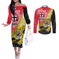 Personalised Richmond And St Kilda Football Couples Matching Off The Shoulder Long Sleeve Dress and Long Sleeve Button Shirt Tigers Saints Together Aboriginal Art