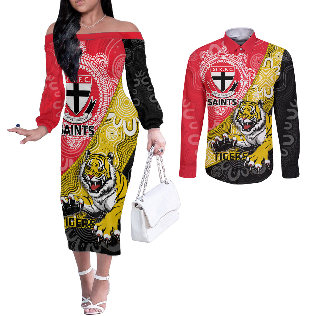 Personalised Richmond And St Kilda Football Couples Matching Off The Shoulder Long Sleeve Dress and Long Sleeve Button Shirt Tigers Saints Together Aboriginal Art