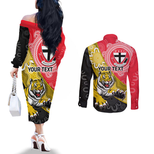 Personalised Richmond And St Kilda Football Couples Matching Off The Shoulder Long Sleeve Dress and Long Sleeve Button Shirt Tigers Saints Together Aboriginal Art