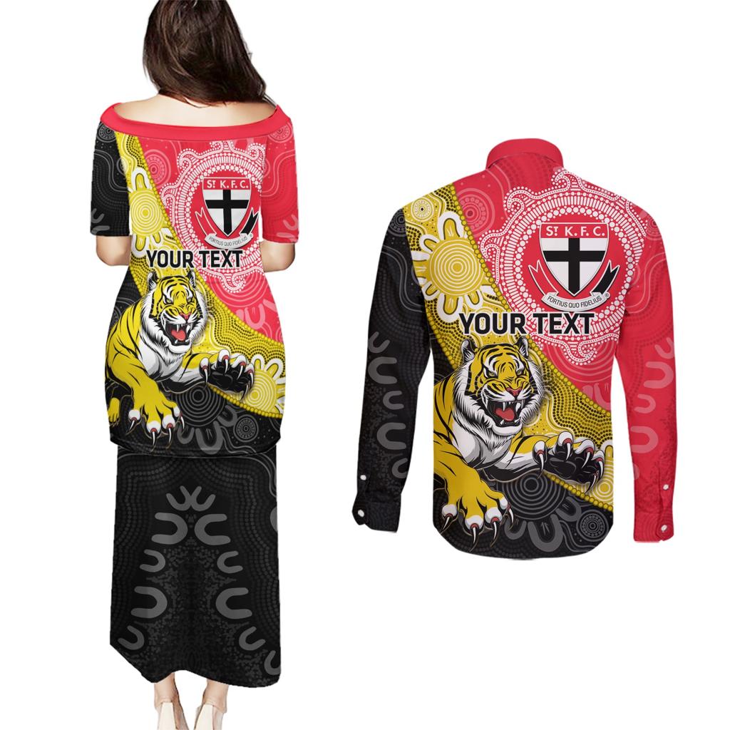 Personalised Richmond And St Kilda Football Couples Matching Puletasi and Long Sleeve Button Shirt Tigers Saints Together Aboriginal Art