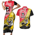 Personalised Richmond And St Kilda Football Couples Matching Short Sleeve Bodycon Dress and Hawaiian Shirt Tigers Saints Together Aboriginal Art