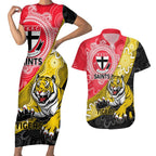 Personalised Richmond And St Kilda Football Couples Matching Short Sleeve Bodycon Dress and Hawaiian Shirt Tigers Saints Together Aboriginal Art