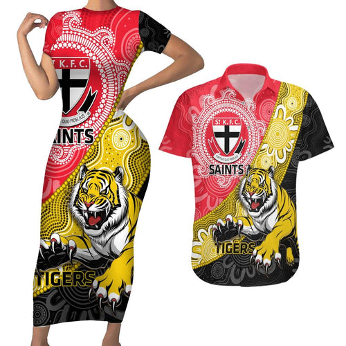Personalised Richmond And St Kilda Football Couples Matching Short Sleeve Bodycon Dress and Hawaiian Shirt Tigers Saints Together Aboriginal Art