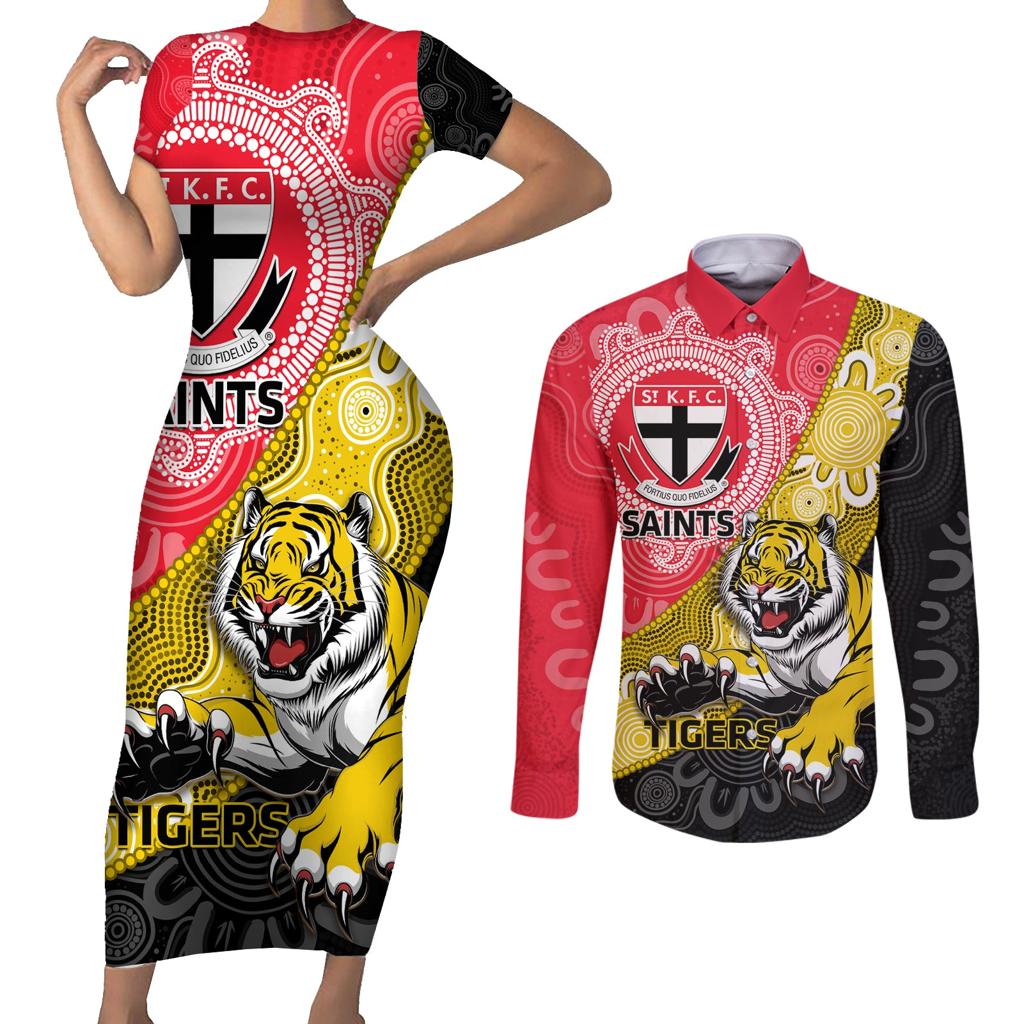 Personalised Richmond And St Kilda Football Couples Matching Short Sleeve Bodycon Dress and Long Sleeve Button Shirt Tigers Saints Together Aboriginal Art