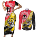 Personalised Richmond And St Kilda Football Couples Matching Short Sleeve Bodycon Dress and Long Sleeve Button Shirt Tigers Saints Together Aboriginal Art