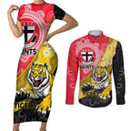 Personalised Richmond And St Kilda Football Couples Matching Short Sleeve Bodycon Dress and Long Sleeve Button Shirt Tigers Saints Together Aboriginal Art