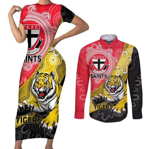 Personalised Richmond And St Kilda Football Couples Matching Short Sleeve Bodycon Dress and Long Sleeve Button Shirt Tigers Saints Together Aboriginal Art