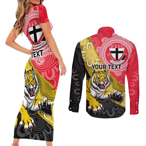 Personalised Richmond And St Kilda Football Couples Matching Short Sleeve Bodycon Dress and Long Sleeve Button Shirt Tigers Saints Together Aboriginal Art