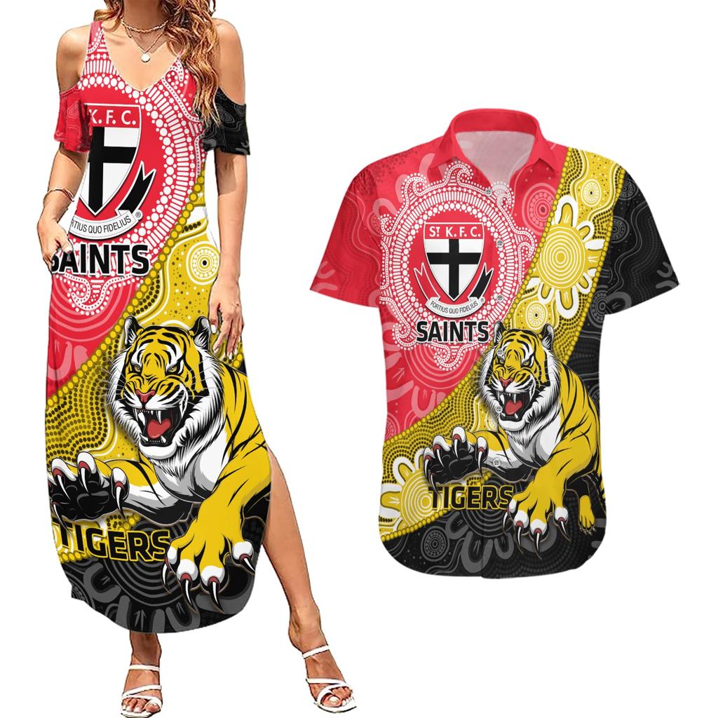 Personalised Richmond And St Kilda Football Couples Matching Summer Maxi Dress and Hawaiian Shirt Tigers Saints Together Aboriginal Art