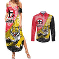 Personalised Richmond And St Kilda Football Couples Matching Summer Maxi Dress and Long Sleeve Button Shirt Tigers Saints Together Aboriginal Art