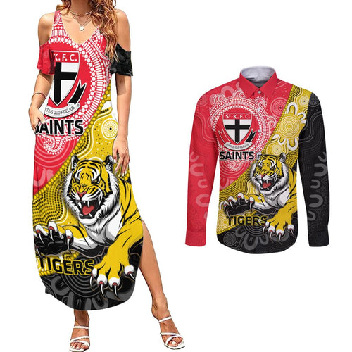 Personalised Richmond And St Kilda Football Couples Matching Summer Maxi Dress and Long Sleeve Button Shirt Tigers Saints Together Aboriginal Art