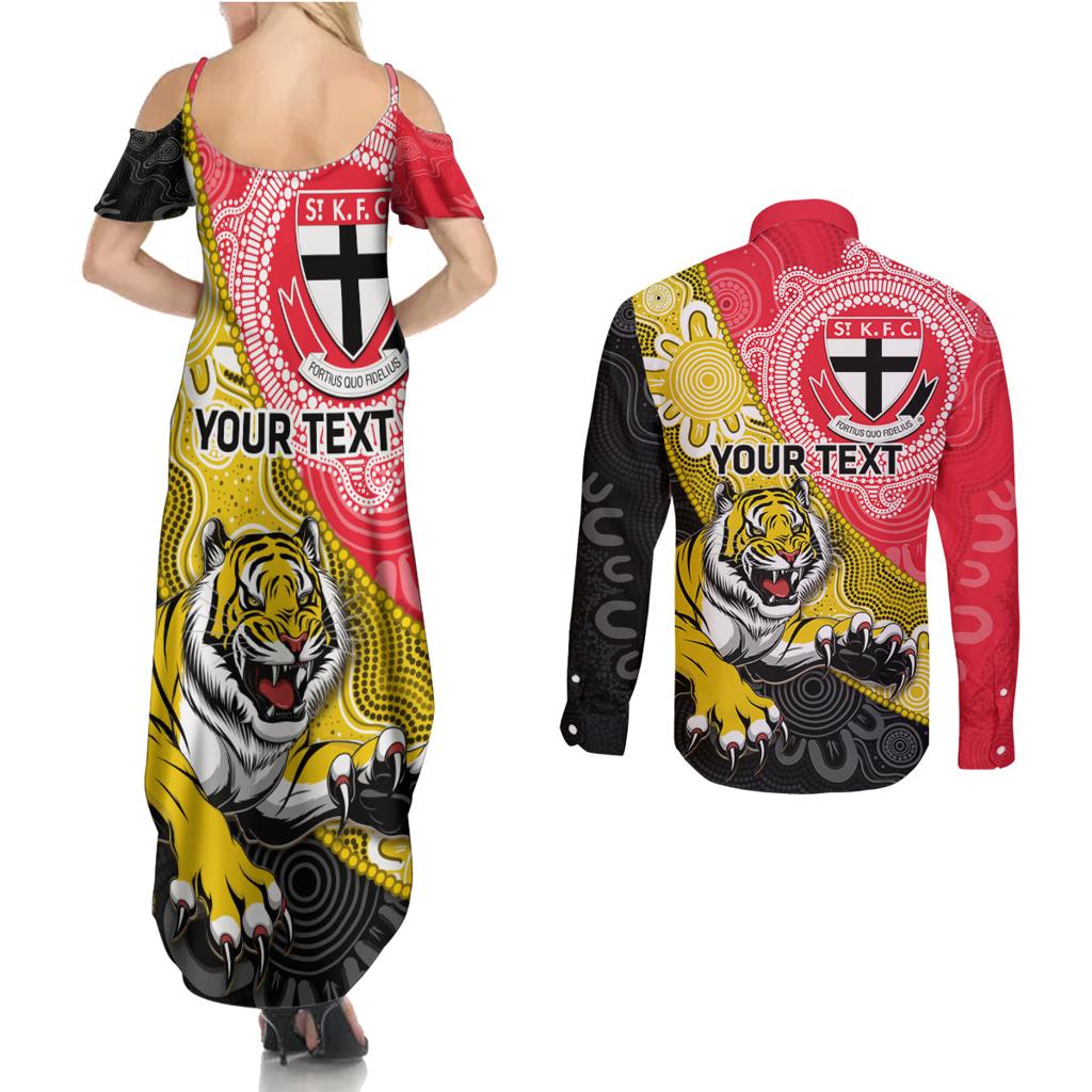 Personalised Richmond And St Kilda Football Couples Matching Summer Maxi Dress and Long Sleeve Button Shirt Tigers Saints Together Aboriginal Art