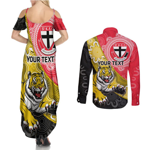 Personalised Richmond And St Kilda Football Couples Matching Summer Maxi Dress and Long Sleeve Button Shirt Tigers Saints Together Aboriginal Art